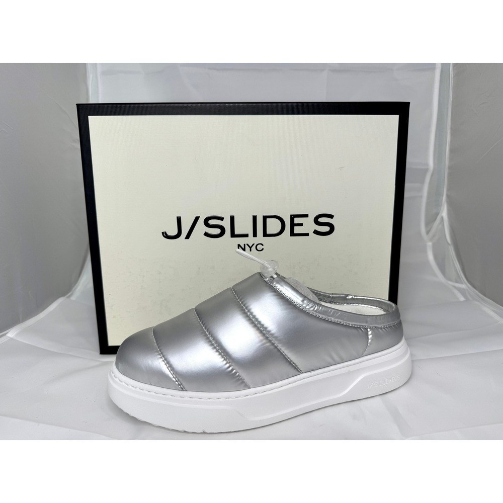 J/Slides NYC Coco Silver Nylon Puffer Platform Mules Shoes Womens 8M NIB